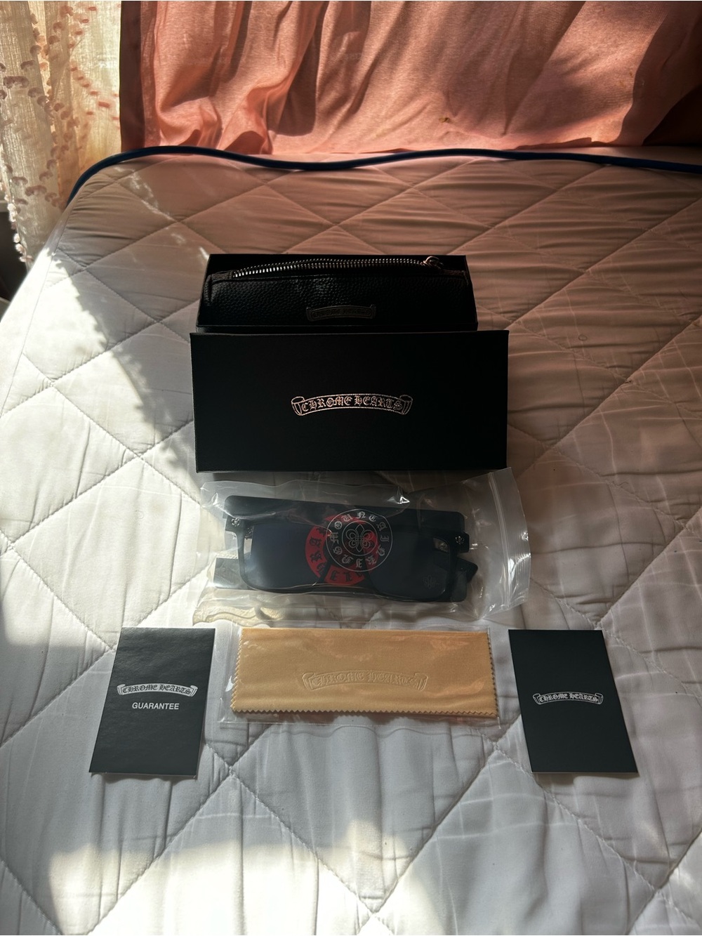 Chrome Hearts Black Sunglasses with Red Logo and Black Accessories